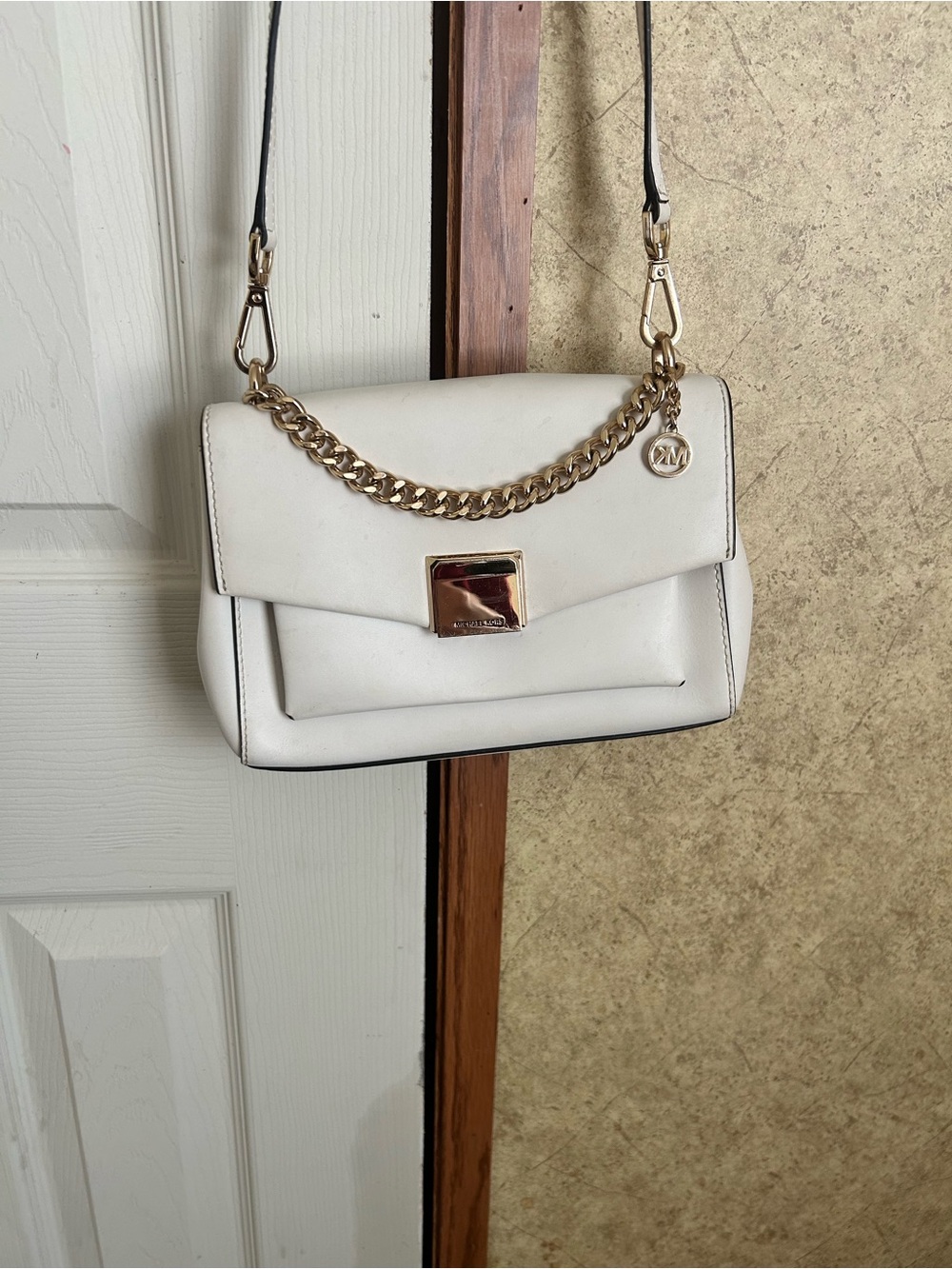Michael Kors White Leather Crossbody with Gold Chain Accent